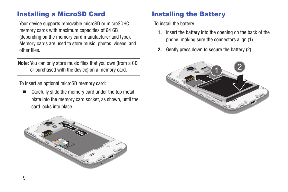 Installing a microsd card, Installing the battery, Installing a microsd card installing the battery | Samsung SGH-I257ZKAATT User Manual | Page 16 / 218