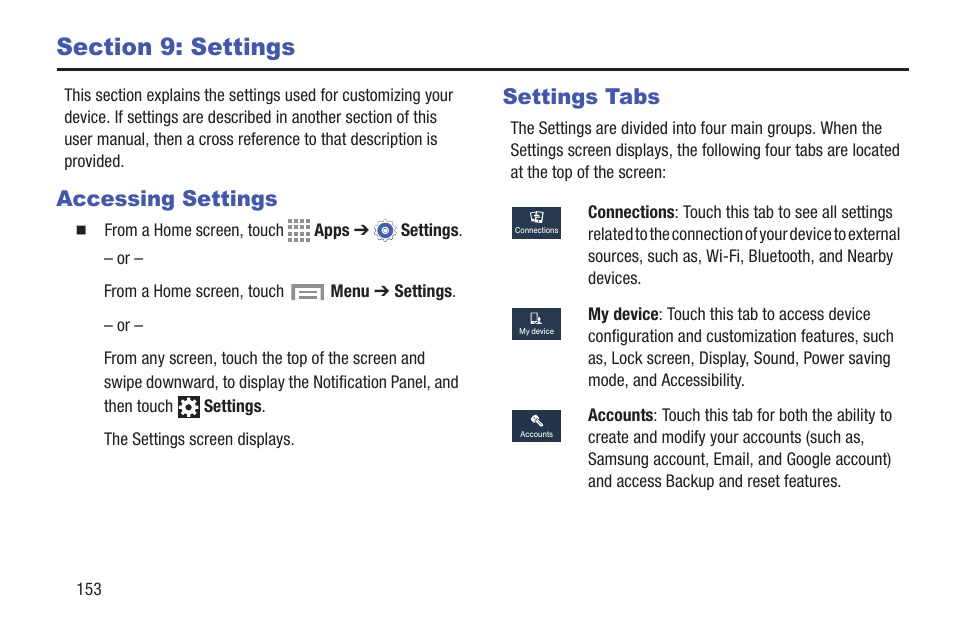 Section 9: settings, Accessing settings, Settings tabs | Accessing settings settings tabs, For more | Samsung SGH-I257ZKAATT User Manual | Page 160 / 218