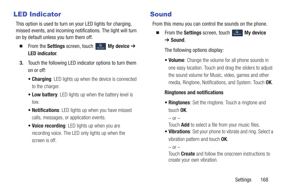 Led indicator, Sound, Led indicator sound | Samsung SGH-I257ZKAATT User Manual | Page 175 / 218