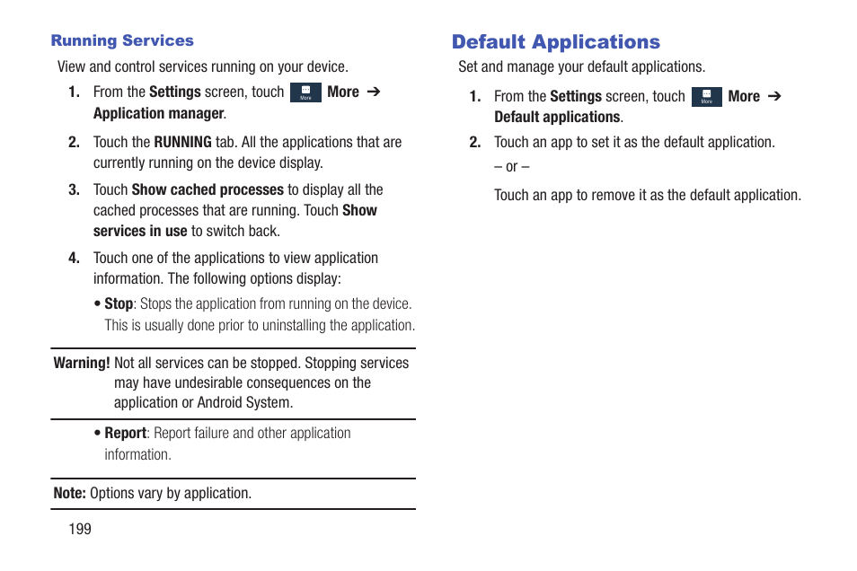 Default applications | Samsung SGH-I257ZKAATT User Manual | Page 206 / 218