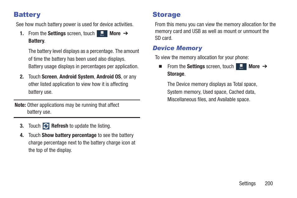 Battery, Storage, Battery storage | Samsung SGH-I257ZKAATT User Manual | Page 207 / 218