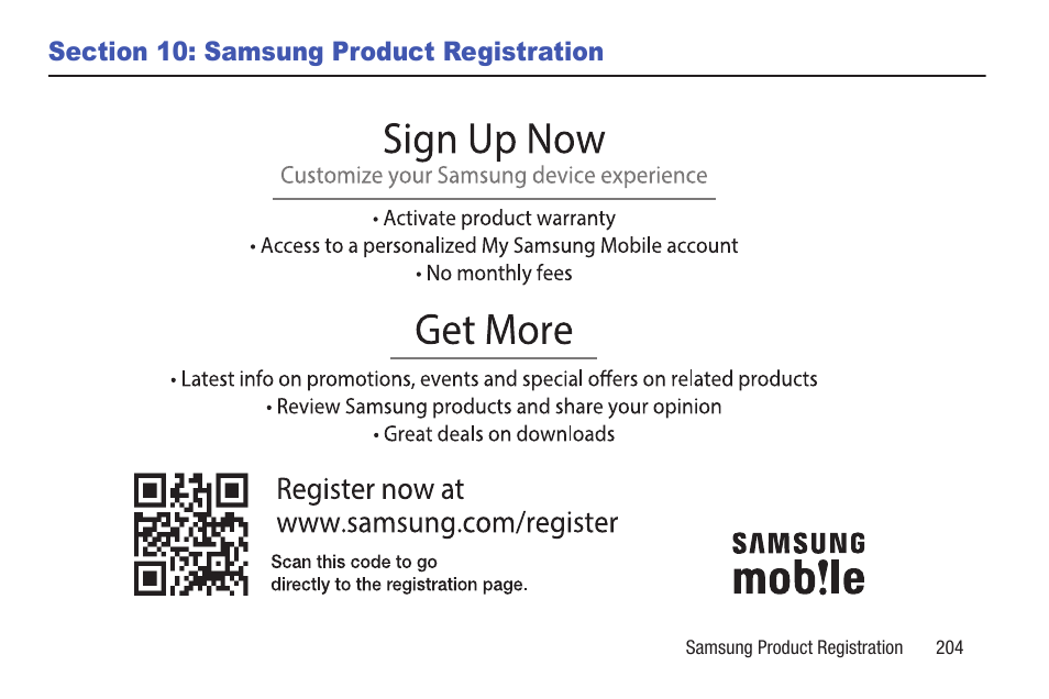 Section 10: samsung product registration, Section 10: samsung product, Registration | Samsung SGH-I257ZKAATT User Manual | Page 211 / 218