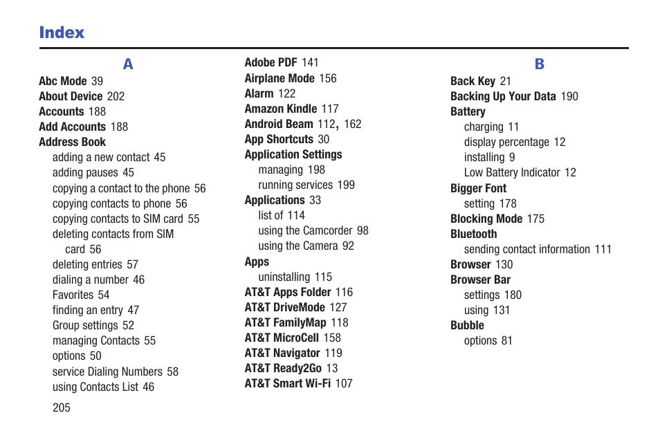 Index | Samsung SGH-I257ZKAATT User Manual | Page 212 / 218