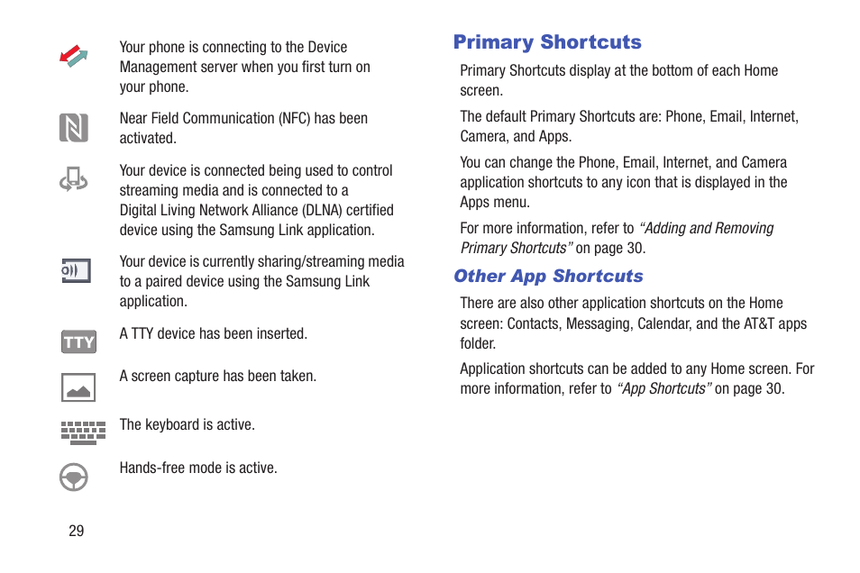 Primary shortcuts | Samsung SGH-I257ZKAATT User Manual | Page 36 / 218