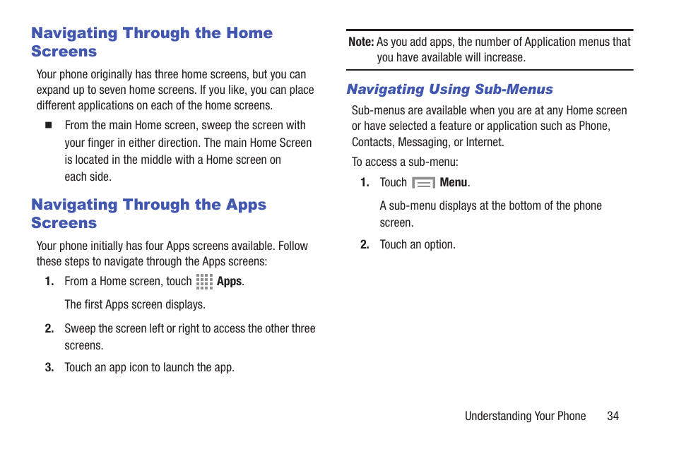 Navigating through the home screens, Navigating through the apps screens | Samsung SGH-I257ZKAATT User Manual | Page 41 / 218