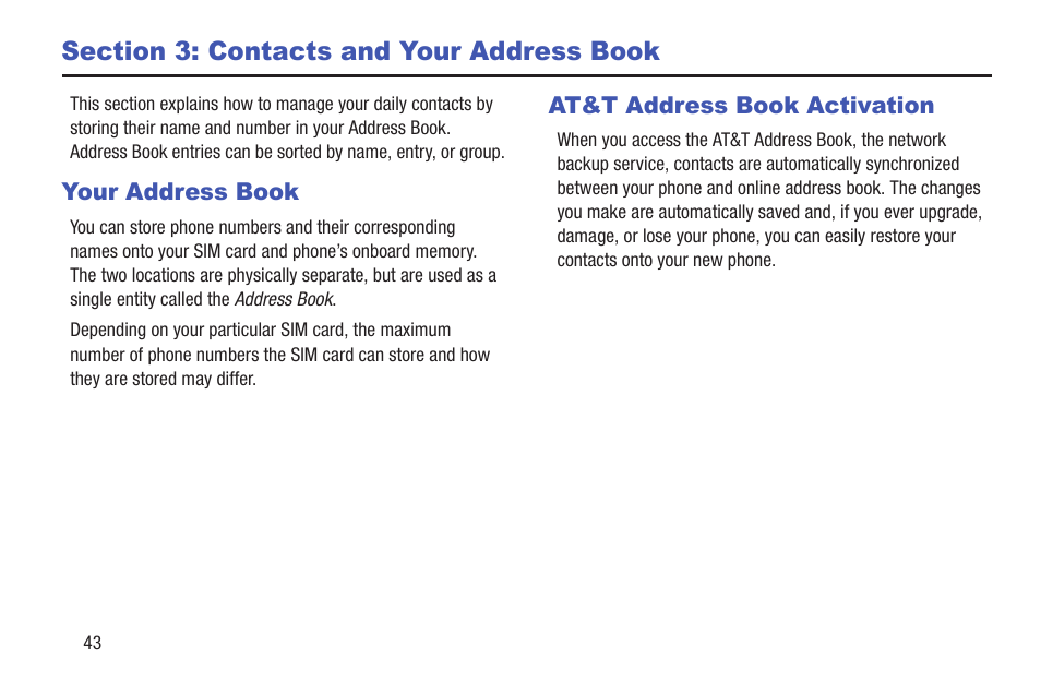 Section 3: contacts and your address book, Your address book, At&t address book activation | Section 3: contacts and your, Address book, Your address book at&t address book activation | Samsung SGH-I257ZKAATT User Manual | Page 50 / 218