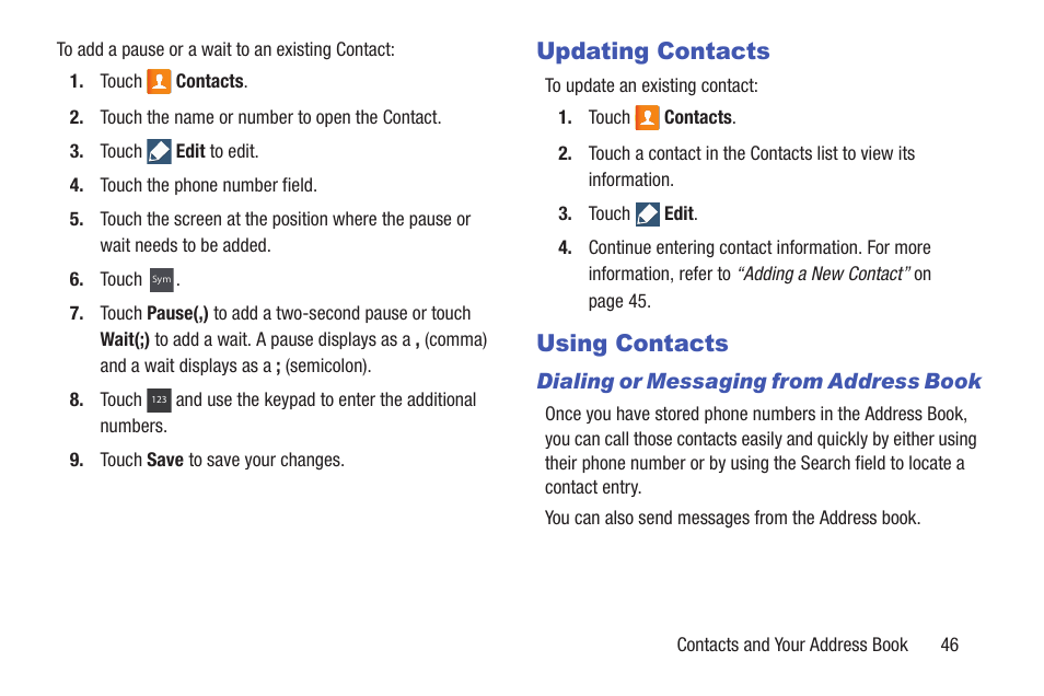 Updating contacts, Using contacts | Samsung SGH-I257ZKAATT User Manual | Page 53 / 218