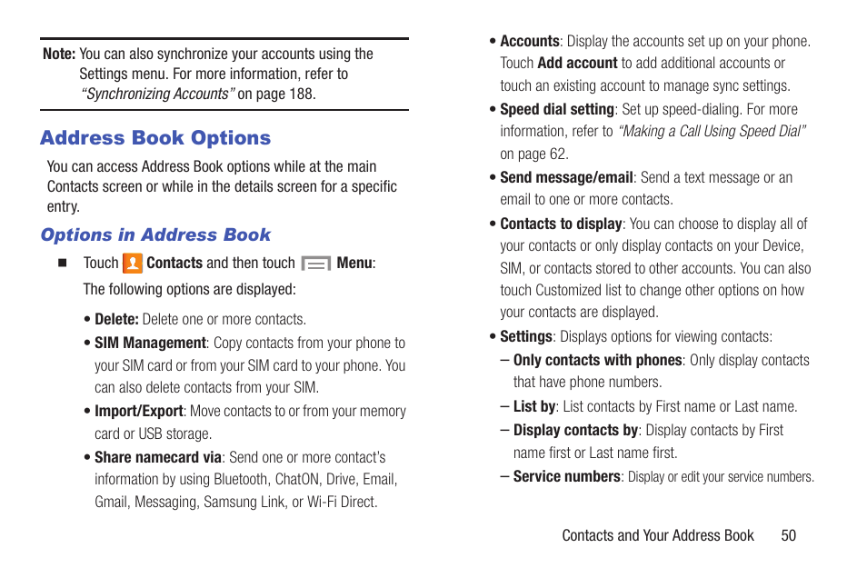 Address book options | Samsung SGH-I257ZKAATT User Manual | Page 57 / 218
