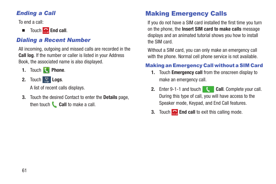 Making emergency calls | Samsung SGH-I257ZKAATT User Manual | Page 68 / 218