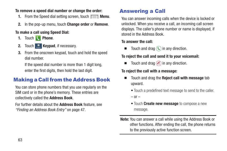 Making a call from the address book, Answering a call | Samsung SGH-I257ZKAATT User Manual | Page 70 / 218