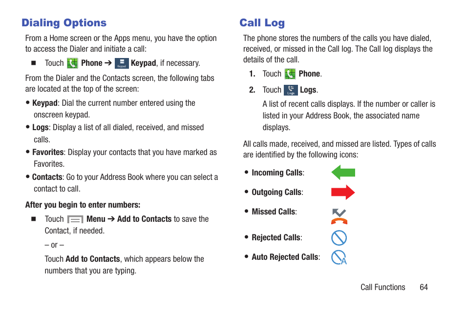 Dialing options, Call log, Dialing options call log | Samsung SGH-I257ZKAATT User Manual | Page 71 / 218