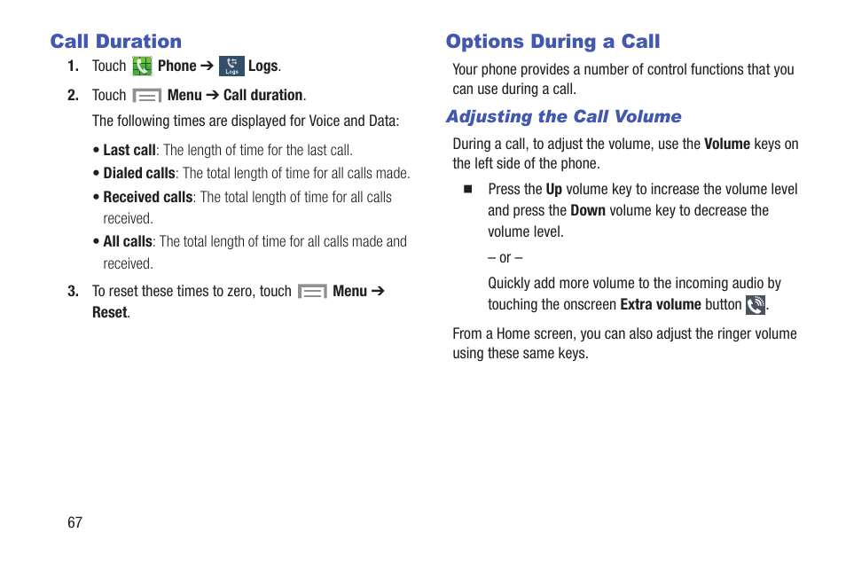 Call duration, Options during a call, Call duration options during a call | Samsung SGH-I257ZKAATT User Manual | Page 74 / 218