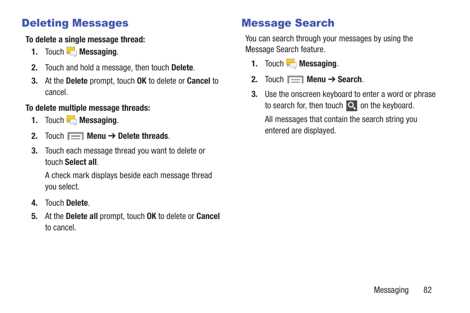 Deleting messages, Message search, Deleting messages message search | Samsung SGH-I257ZKAATT User Manual | Page 89 / 218