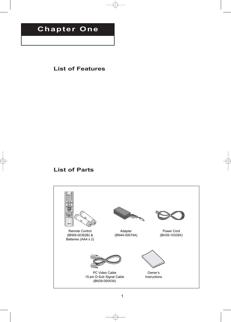 List of features, List of parts | Samsung LTN1785WX-XAA User Manual | Page 10 / 68