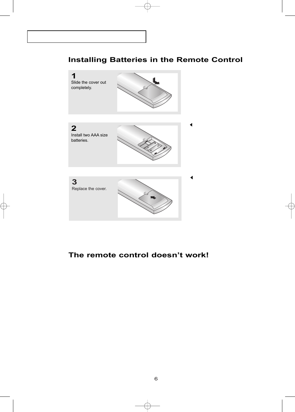 Installing batteries in the remote control, The remote control doesn’t work | Samsung LTN1785WX-XAA User Manual | Page 15 / 68
