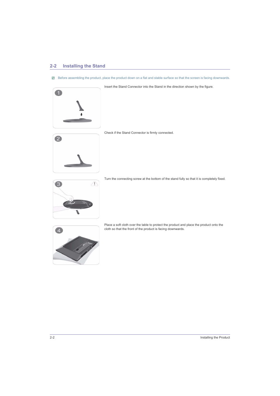 2 installing the stand, Installing the stand -2 | Samsung LS23LRZKU2D-ZA User Manual | Page 14 / 46