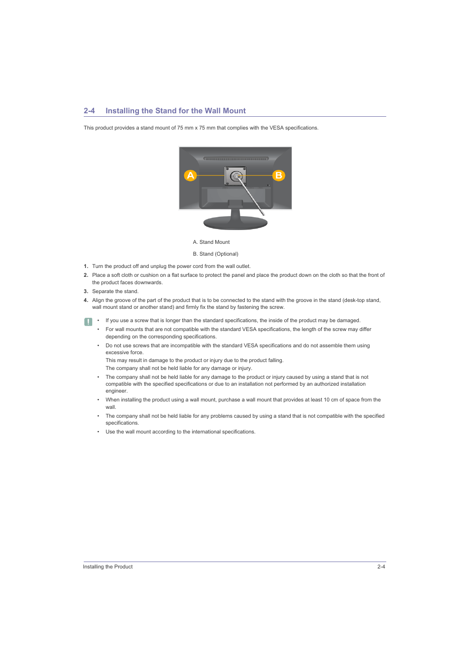 4 installing the stand for the wall mount, Installing the stand for the wall mount -4 | Samsung LS23LRZKU2D-ZA User Manual | Page 17 / 46