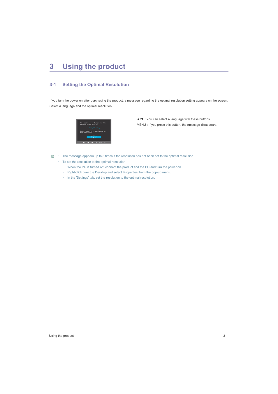 3 using the product, 1 setting the optimal resolution, Using the product | Setting the optimal resolution -1, 3using the product | Samsung LS23LRZKU2D-ZA User Manual | Page 21 / 46