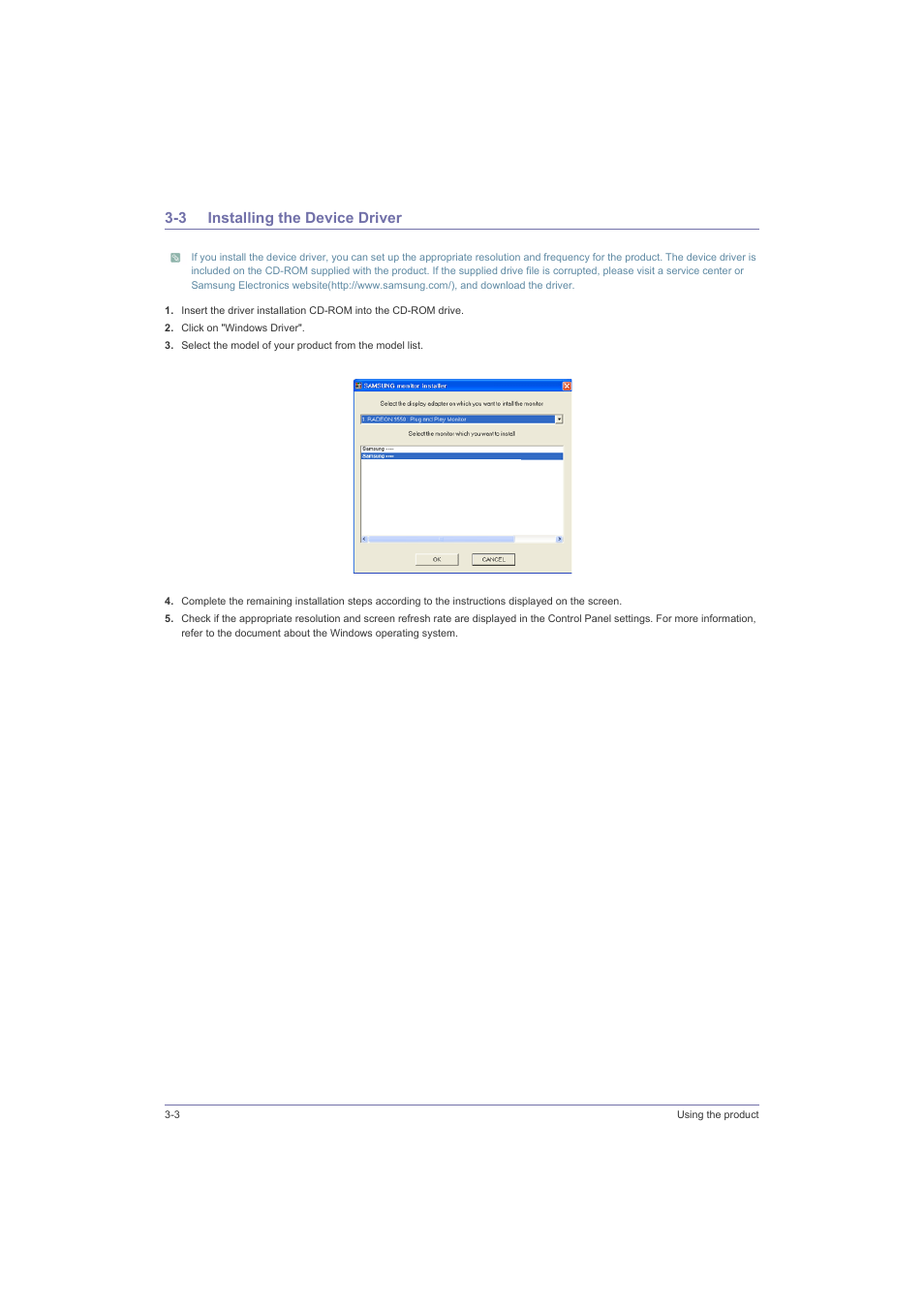 3 installing the device driver, Installing the device driver -3 | Samsung LS23LRZKU2D-ZA User Manual | Page 24 / 46