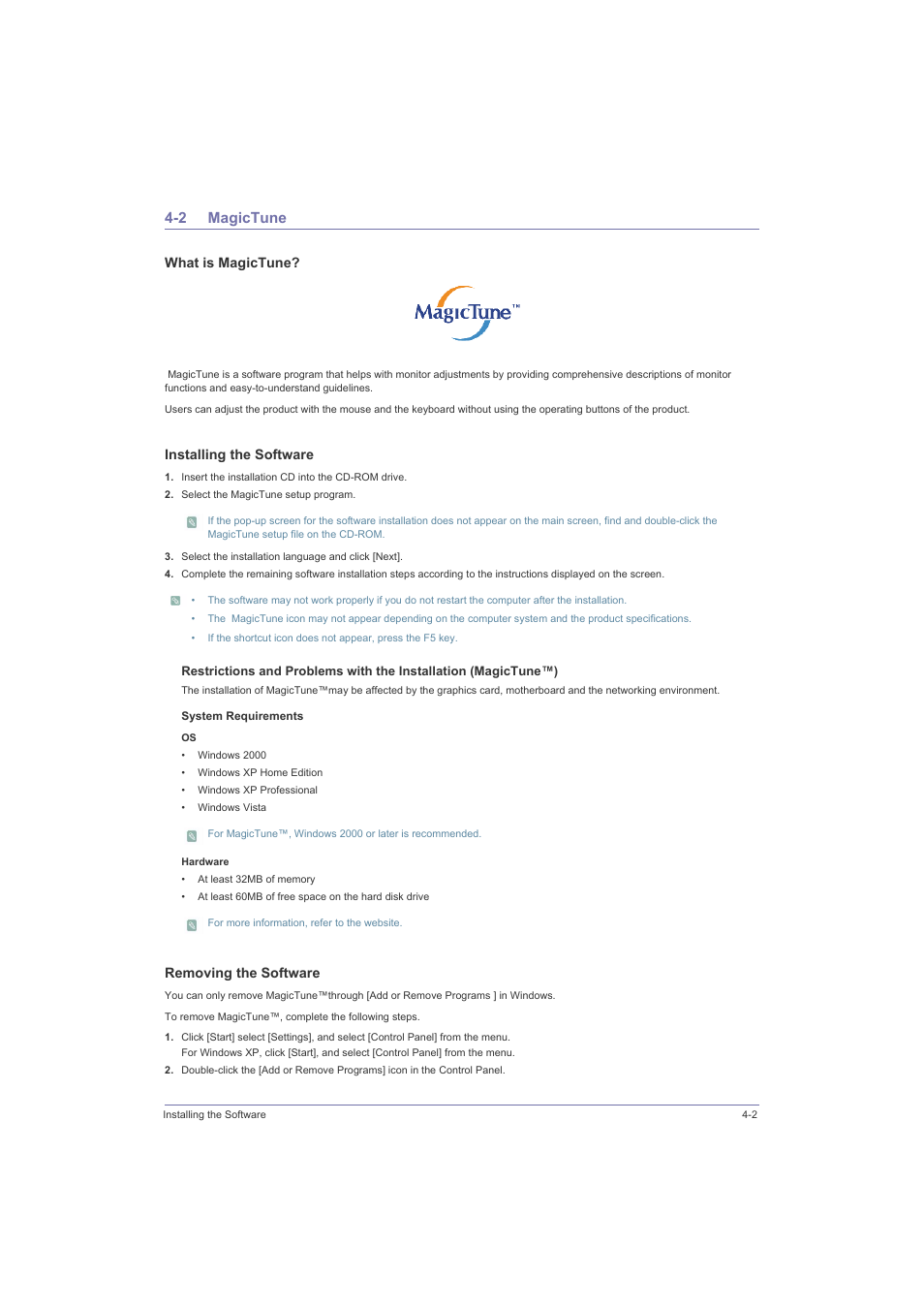 2 magictune, Magictune -2, What is magictune | Installing the software, Removing the software | Samsung LS23LRZKU2D-ZA User Manual | Page 33 / 46