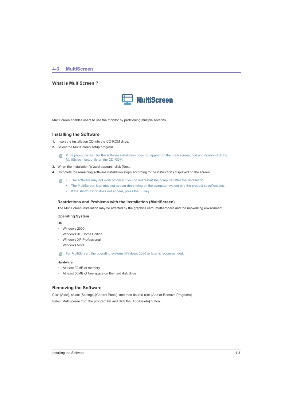 3 multiscreen, Multiscreen -3, What is multiscreen | Installing the software, Removing the software | Samsung LS23LRZKU2D-ZA User Manual | Page 35 / 46