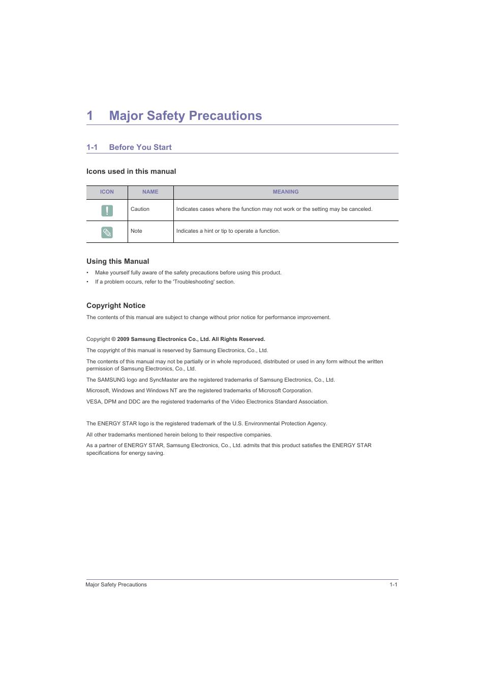 1 major safety precautions, 1 before you start, Major safety precautions | Before you start -1, 1major safety precautions | Samsung LS23LRZKU2D-ZA User Manual | Page 5 / 46
