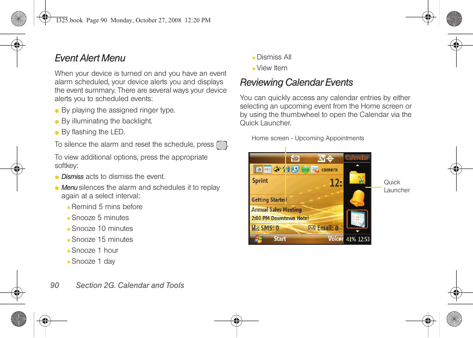 Event alert menu, Reviewing calendar events | Samsung SPH-I325DLASPR User Manual | Page 104 / 227