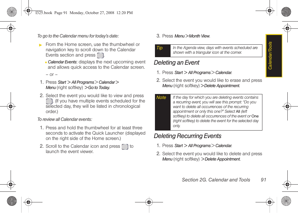 Deleting an event, Deleting recurring events | Samsung SPH-I325DLASPR User Manual | Page 105 / 227