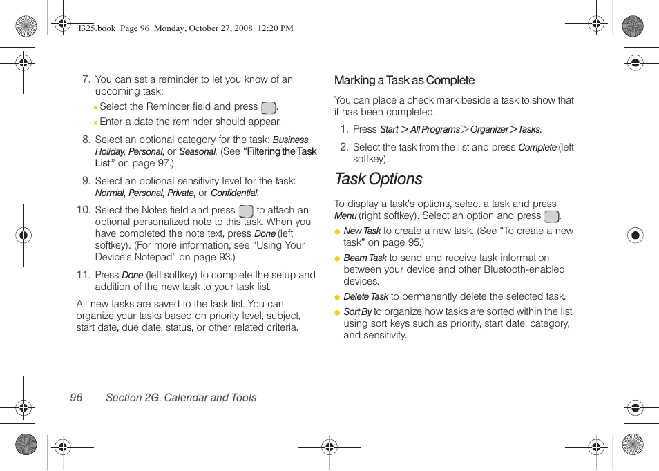 Marking a task as complete, Task options | Samsung SPH-I325DLASPR User Manual | Page 110 / 227