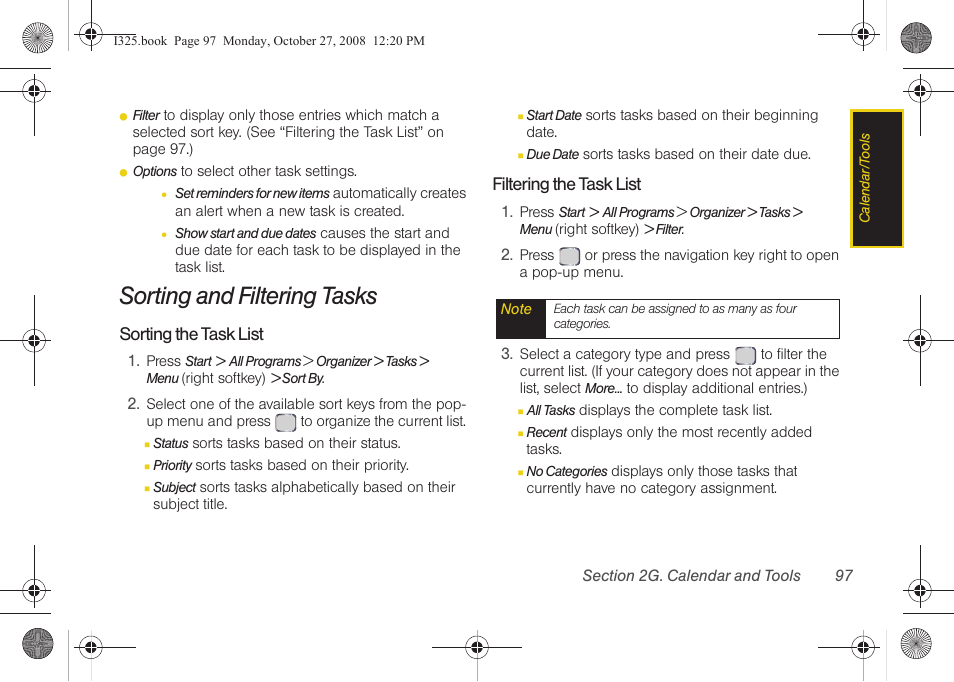 Sorting and filtering tasks, Filtering the task list, Ee “filtering the task | Samsung SPH-I325DLASPR User Manual | Page 111 / 227