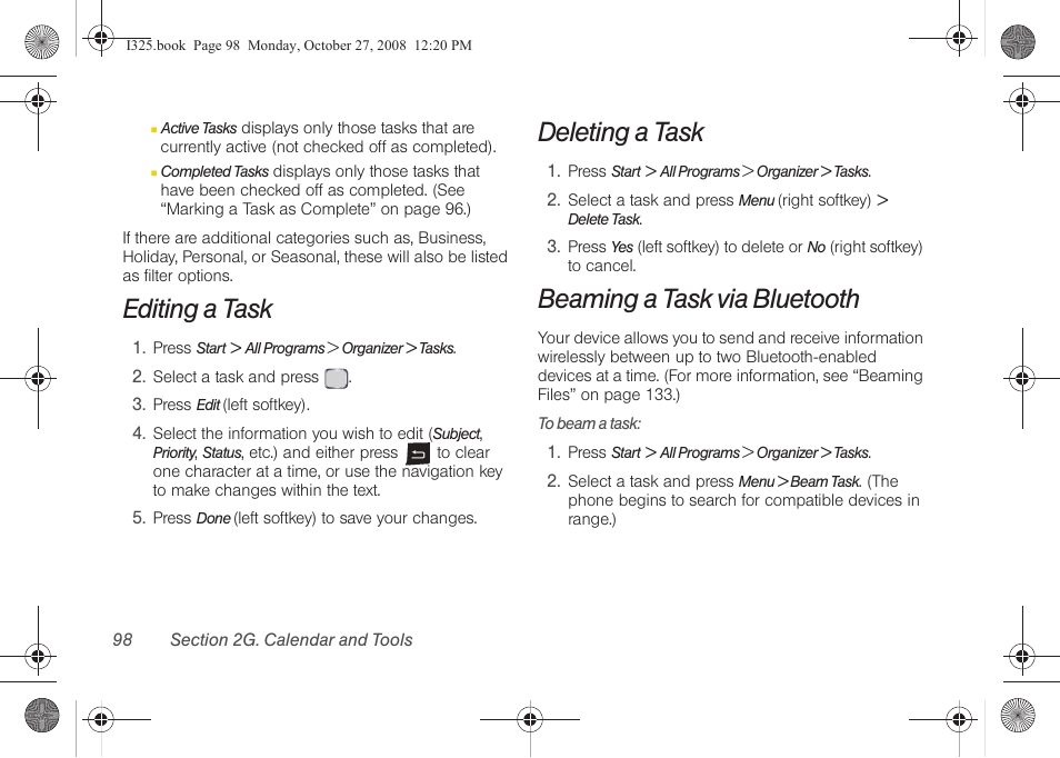Editing a task, Deleting a task, Beaming a task via bluetooth | Samsung SPH-I325DLASPR User Manual | Page 112 / 227
