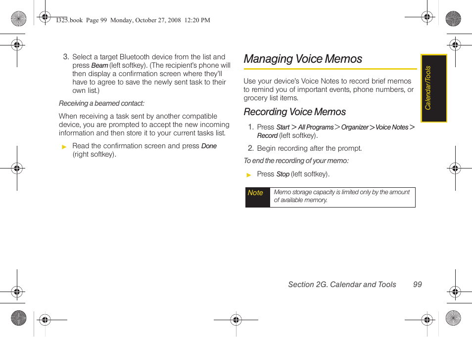 Managing voice memos, Recording voice memos | Samsung SPH-I325DLASPR User Manual | Page 113 / 227