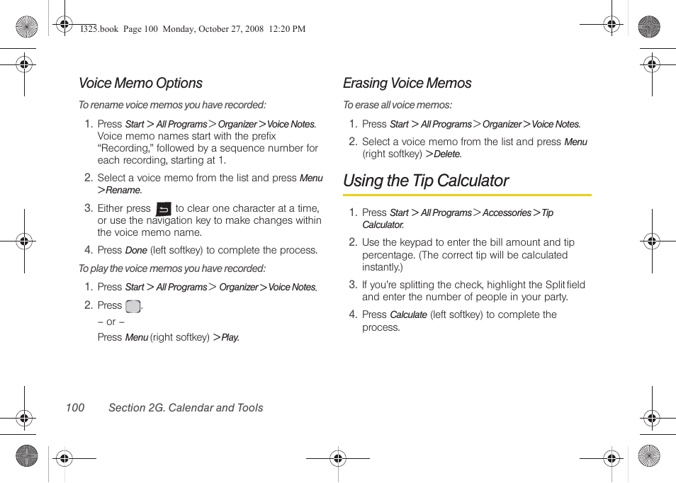 Voice memo options, Erasing voice memos, Using the tip calculator | Samsung SPH-I325DLASPR User Manual | Page 114 / 227