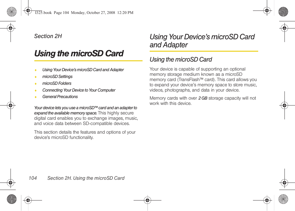 Using the microsd card, Using your device’s microsd card and adapter, 2h. using the microsd card | Using your device’s microsd card, And adapter | Samsung SPH-I325DLASPR User Manual | Page 118 / 227