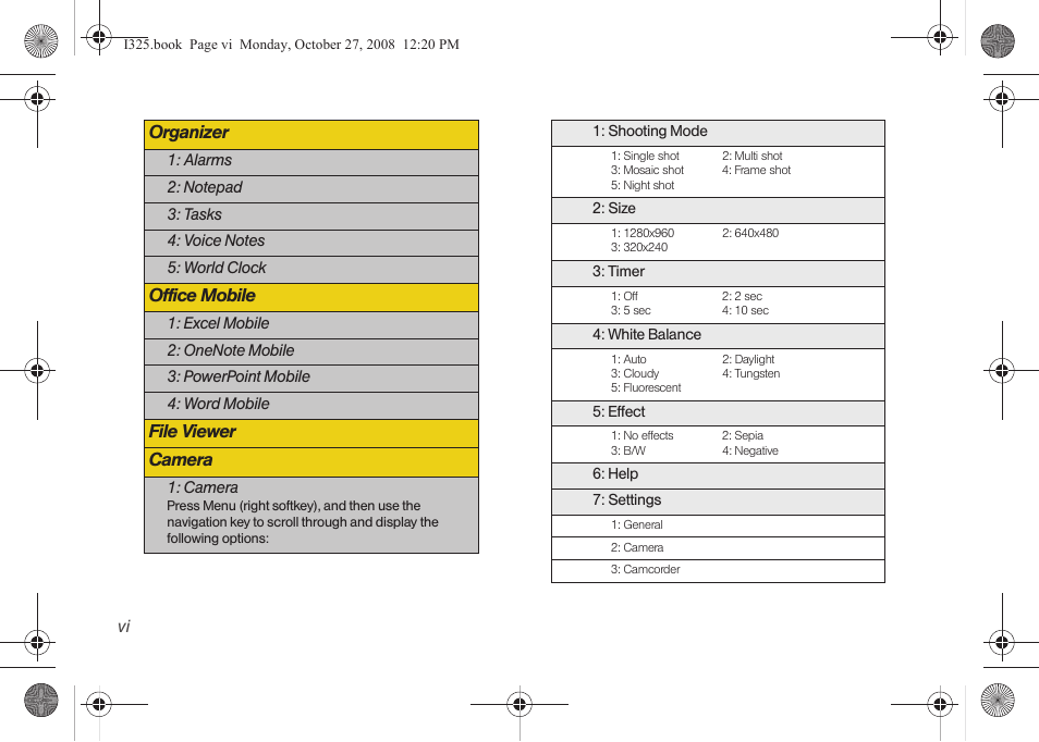Organizer, Office mobile, File viewer camera | Samsung SPH-I325DLASPR User Manual | Page 12 / 227