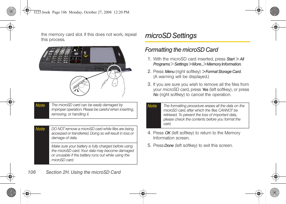 Microsd settings, Formatting the microsd card | Samsung SPH-I325DLASPR User Manual | Page 120 / 227