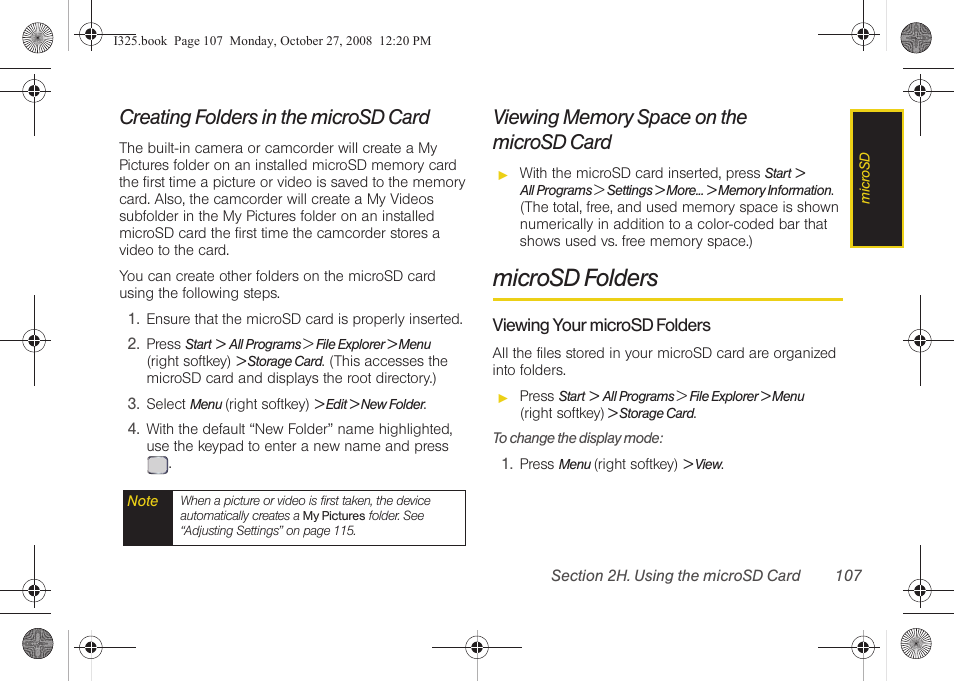 Creating folders in the microsd card, Viewing memory space on the microsd card, Microsd folders | Viewing your microsd folders, Microsd card | Samsung SPH-I325DLASPR User Manual | Page 121 / 227