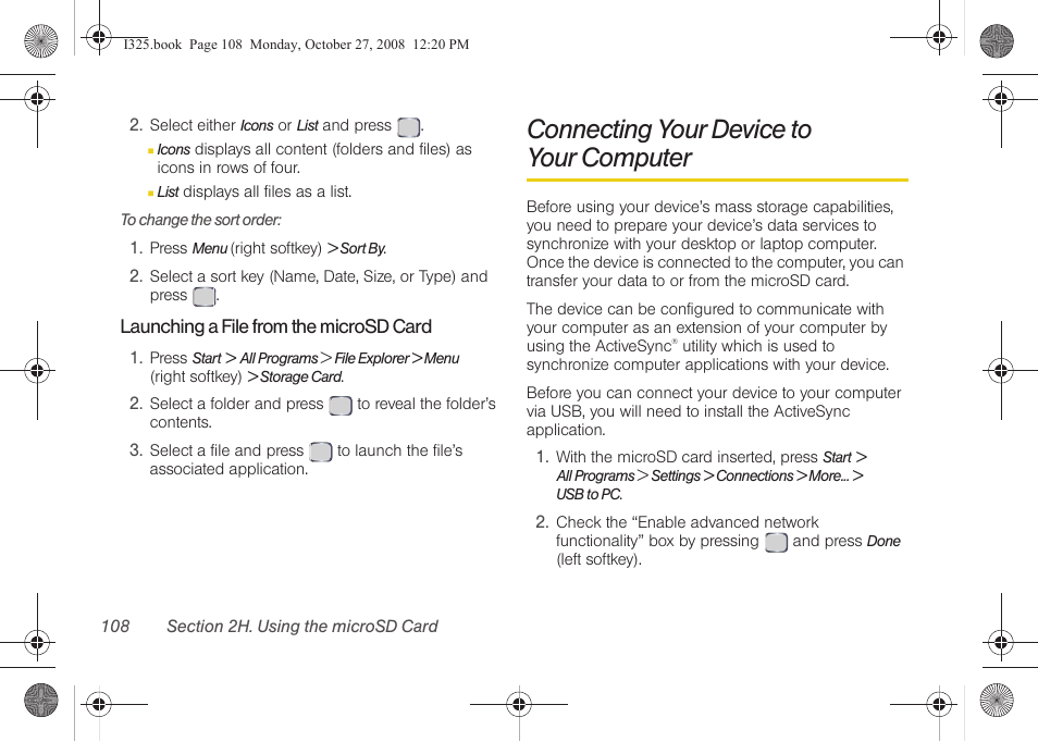 Launching a file from the microsd card, Connecting your device to your computer, Connecting your device to | Your computer | Samsung SPH-I325DLASPR User Manual | Page 122 / 227