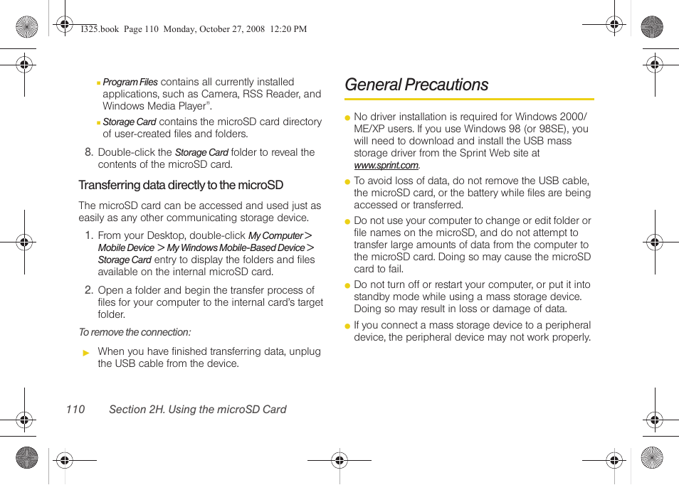 Transferring data directly to the microsd, General precautions | Samsung SPH-I325DLASPR User Manual | Page 124 / 227