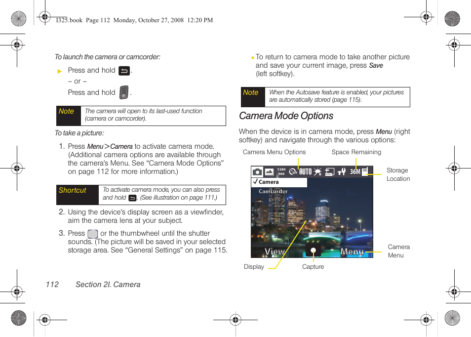 Camera mode options, Auto, View | View menu menu | Samsung SPH-I325DLASPR User Manual | Page 126 / 227
