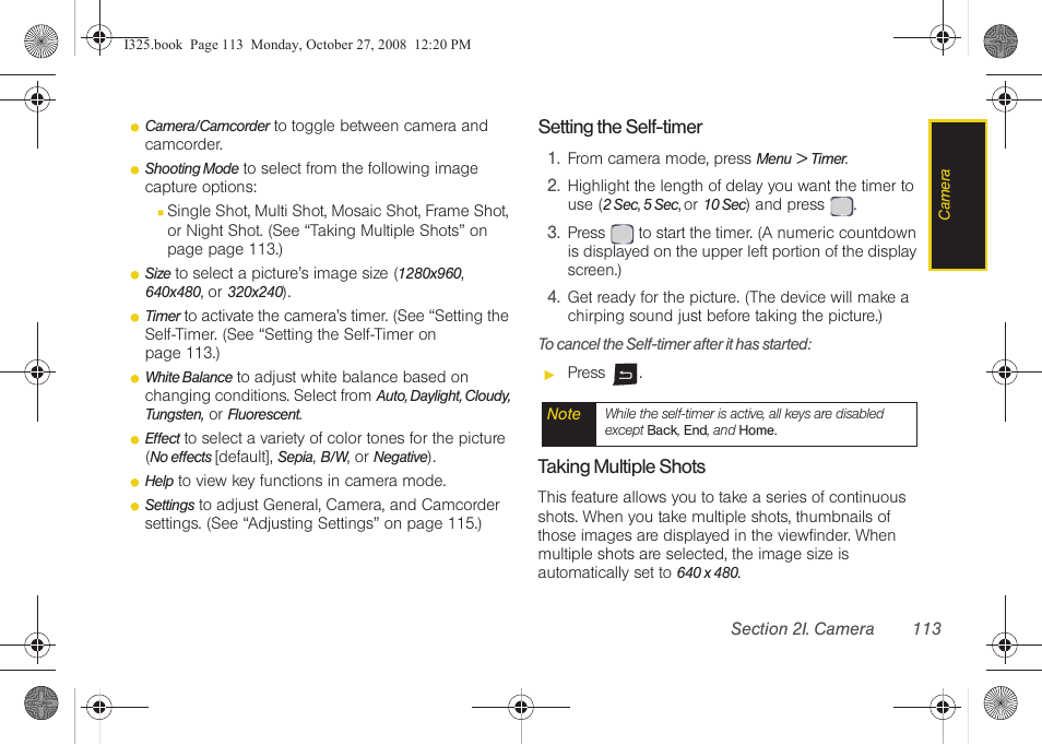 Setting the self-timer, Taking multiple shots | Samsung SPH-I325DLASPR User Manual | Page 127 / 227