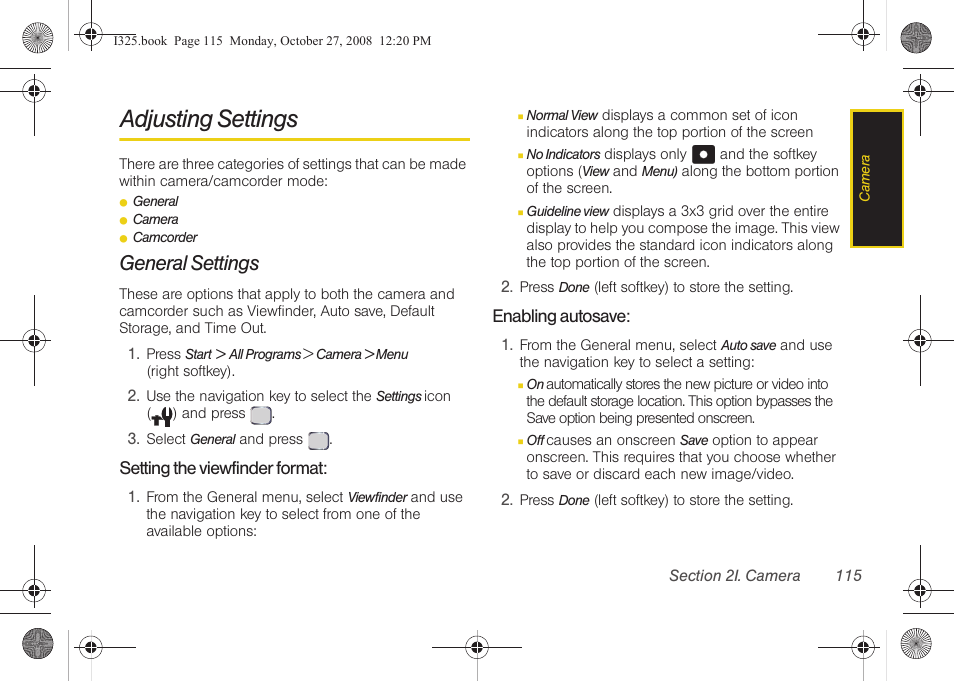 Adjusting settings, General settings, Setting the viewfinder format | Enabling autosave | Samsung SPH-I325DLASPR User Manual | Page 129 / 227