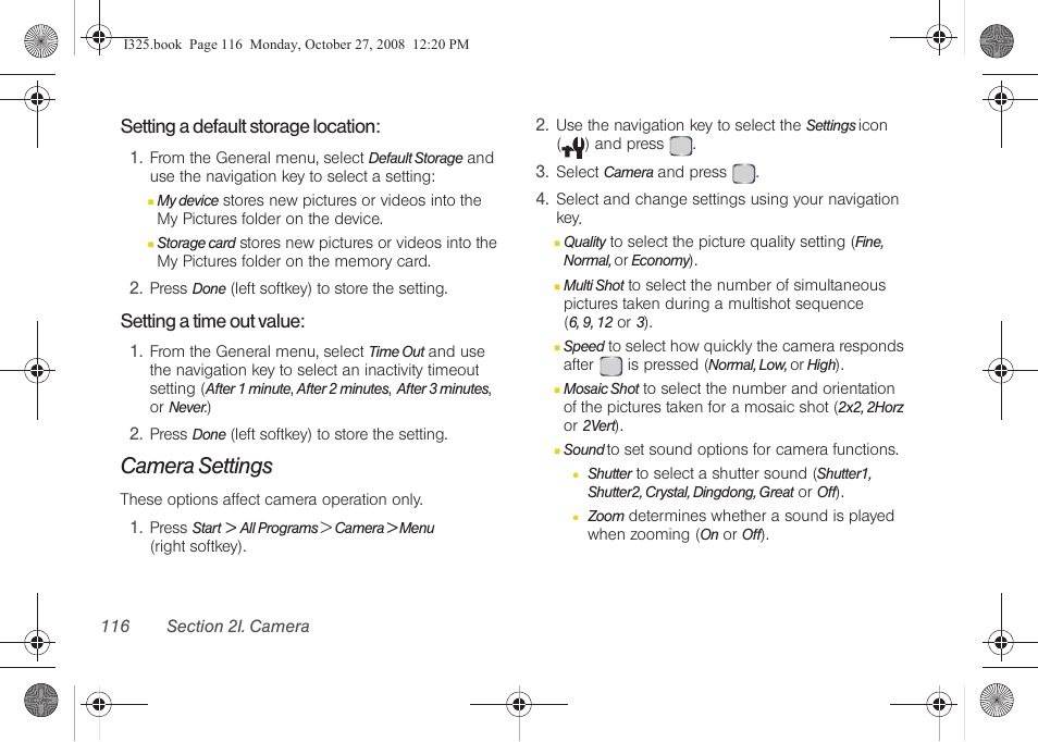 Setting a default storage location, Setting a time out value, Camera settings | Samsung SPH-I325DLASPR User Manual | Page 130 / 227