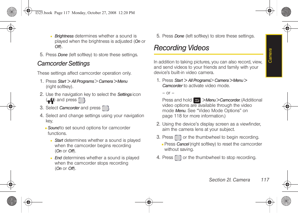 Camcorder settings, Recording videos | Samsung SPH-I325DLASPR User Manual | Page 131 / 227