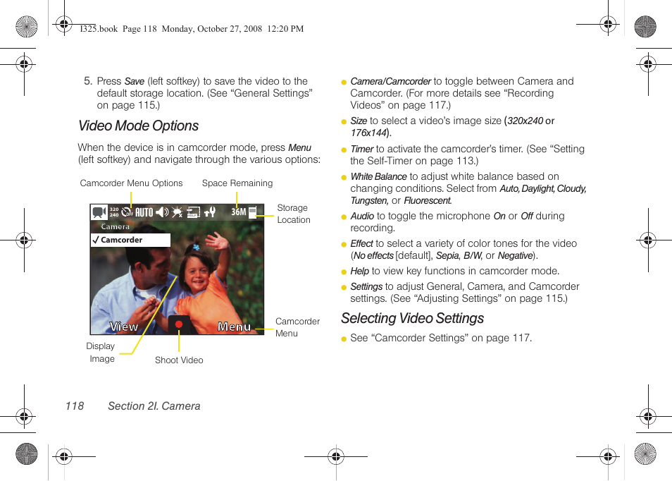 Video mode options, Selecting video settings, Auto | View, View menu menu | Samsung SPH-I325DLASPR User Manual | Page 132 / 227