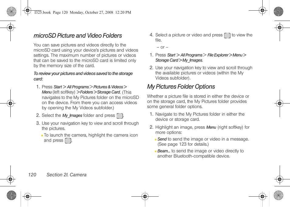 Microsd picture and video folders, My pictures folder options | Samsung SPH-I325DLASPR User Manual | Page 134 / 227