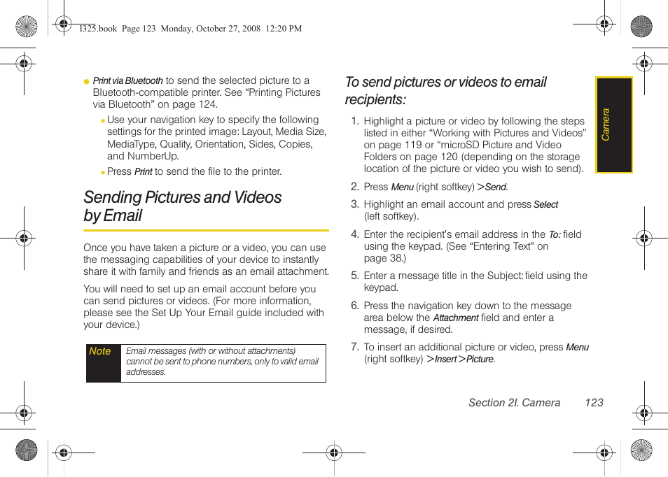 Sending pictures and videos by email, To send pictures or videos to email recipients, Sending pictures and videos | By email | Samsung SPH-I325DLASPR User Manual | Page 137 / 227