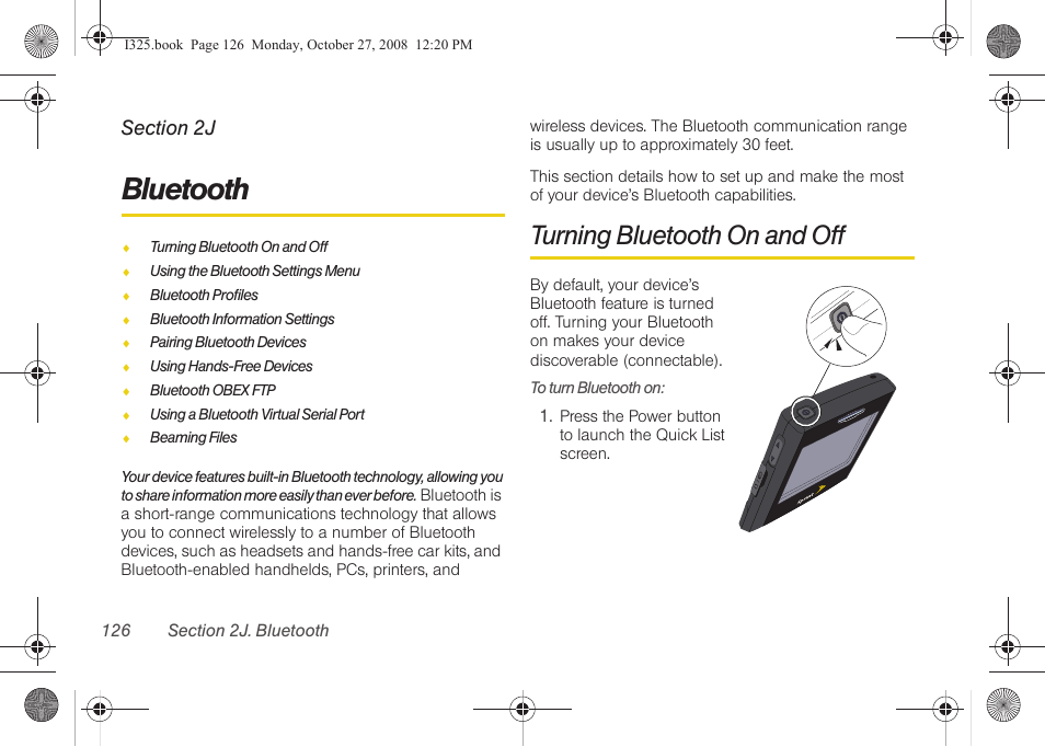 Bluetooth, Turning bluetooth on and off, 2j. bluetooth | Samsung SPH-I325DLASPR User Manual | Page 140 / 227