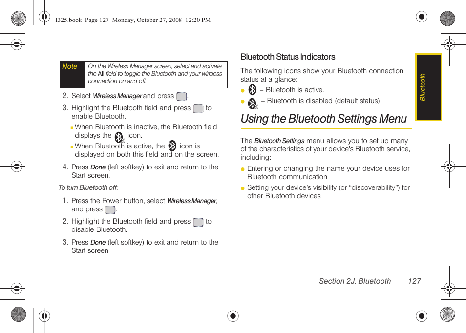 Bluetooth status indicators, Using the bluetooth settings menu | Samsung SPH-I325DLASPR User Manual | Page 141 / 227