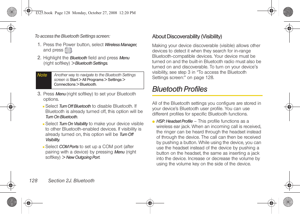 About discoverability (visibility), Bluetooth profiles | Samsung SPH-I325DLASPR User Manual | Page 142 / 227